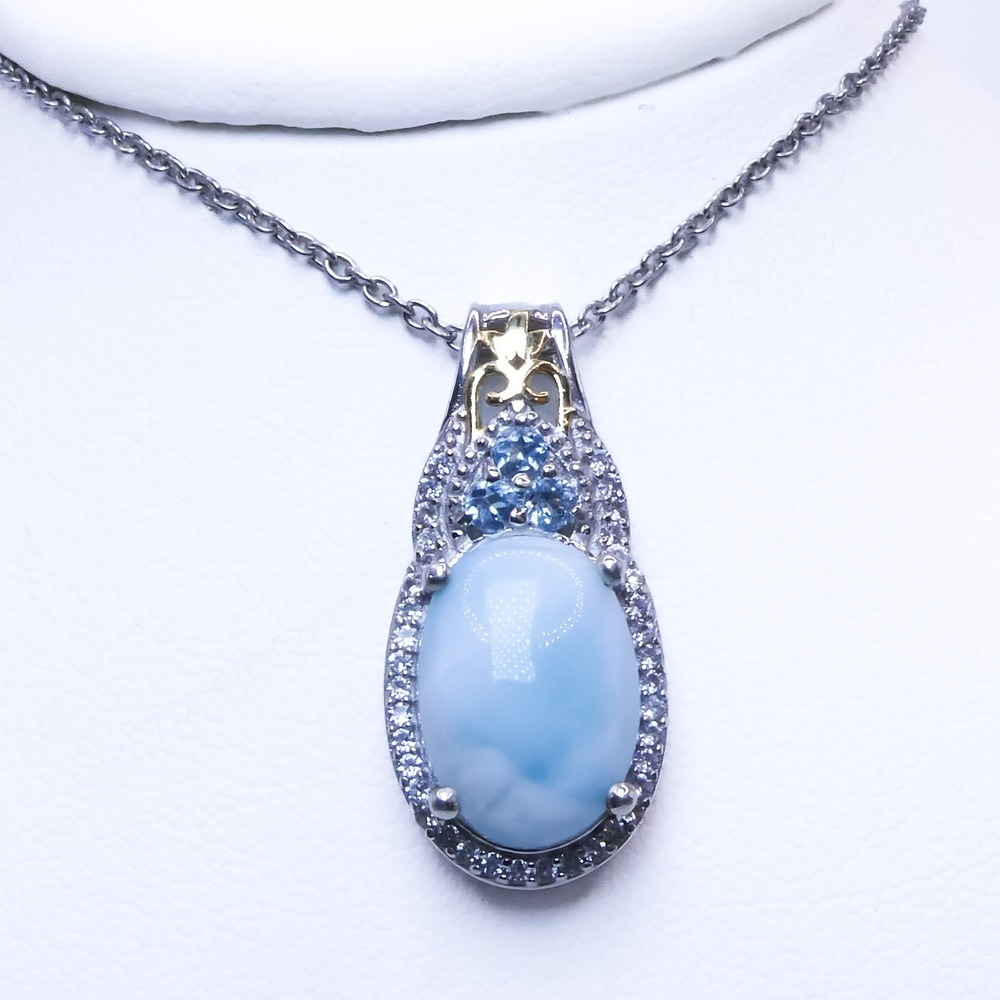 Platinum Over Sterling Silver Larimar Halo Blue Topaz 20" Pendant Necklace